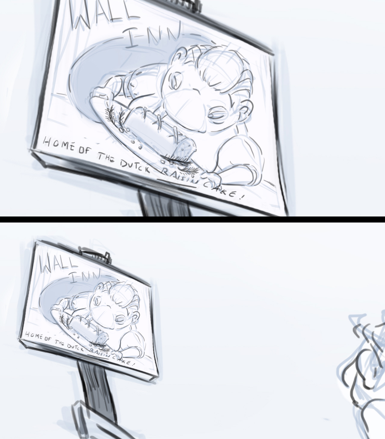 Storyboard sequence from an animated film. Sequence shows billboard of round woman holding a dutch raisin cake. The advertisement is for the Wall Inn.