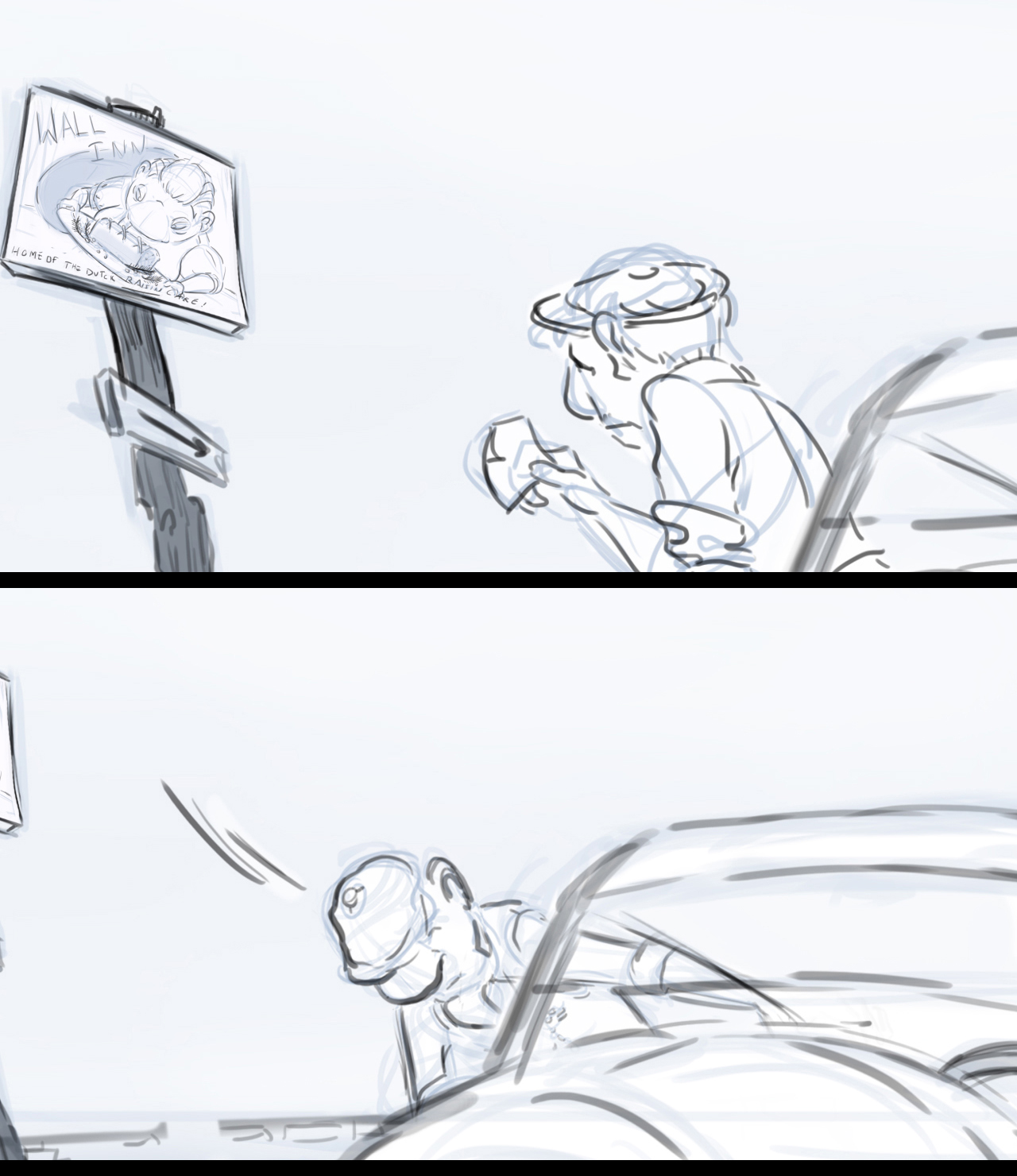 Storyboard sequence from an animated film. Sequence shows man looking away from poster and towards note. He then gets in the car.