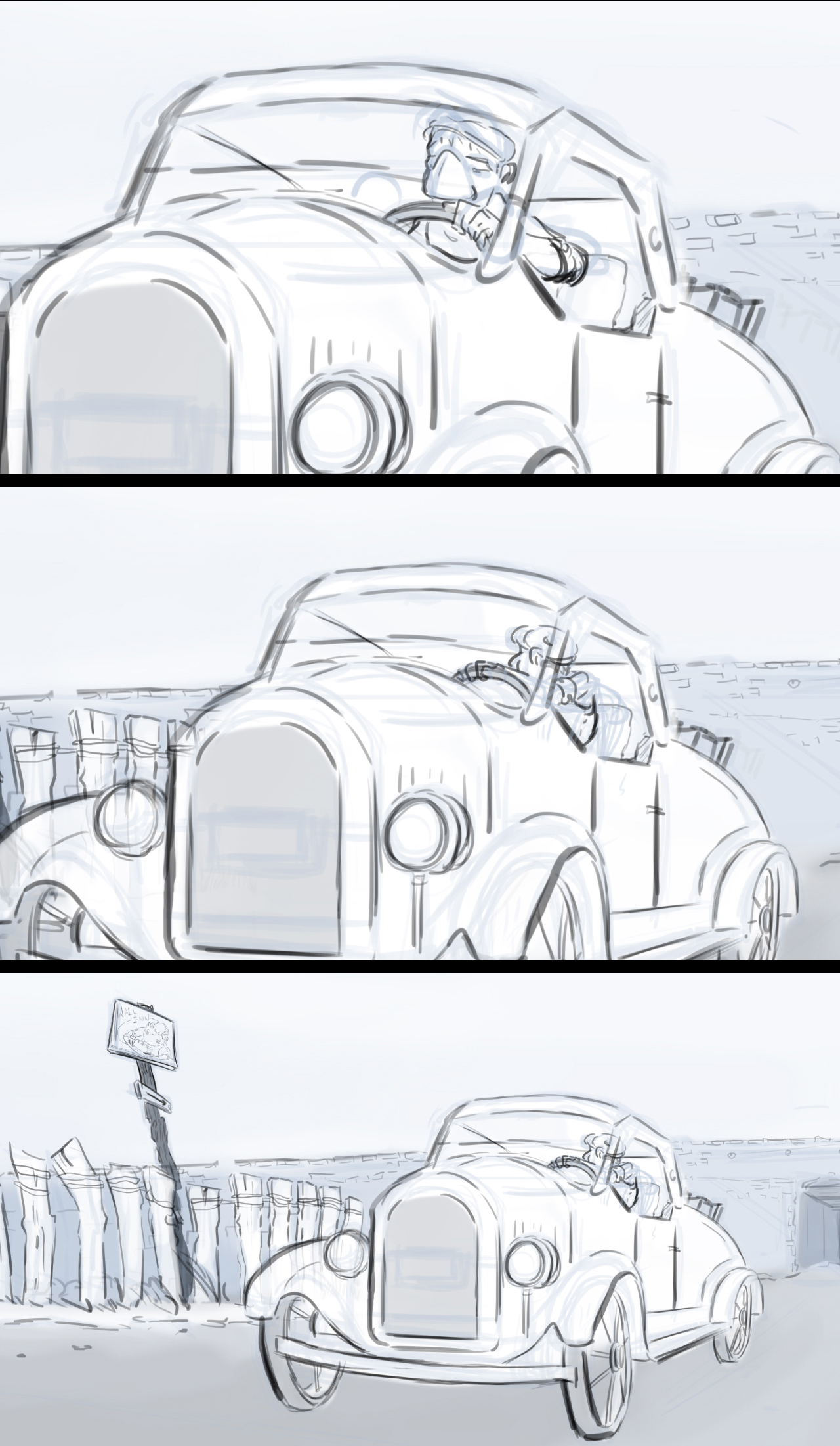 Storyboard sequence from an animated film. Sequence shows man driving car backwards as the camera pulls out.