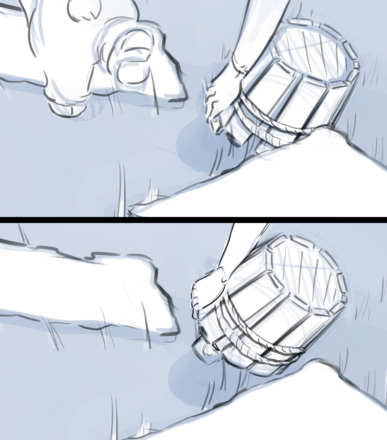 Storyboard sequence from an animated film. Sequence shows the woman's hand lifting the overturned bucket.