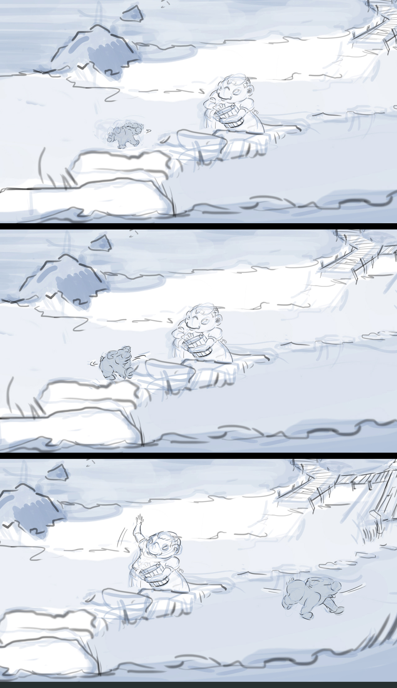 Storyboard sequence from an animated film. Sequence shows reverse angle view of the woman holding the bucket raising her hand in greeting. The dog runs by.