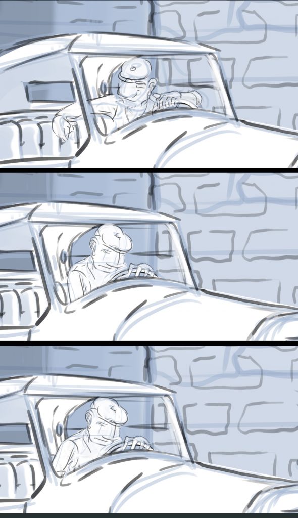 Storyboard sequence from an animated film. Sequence shows man driving car come to a stop.