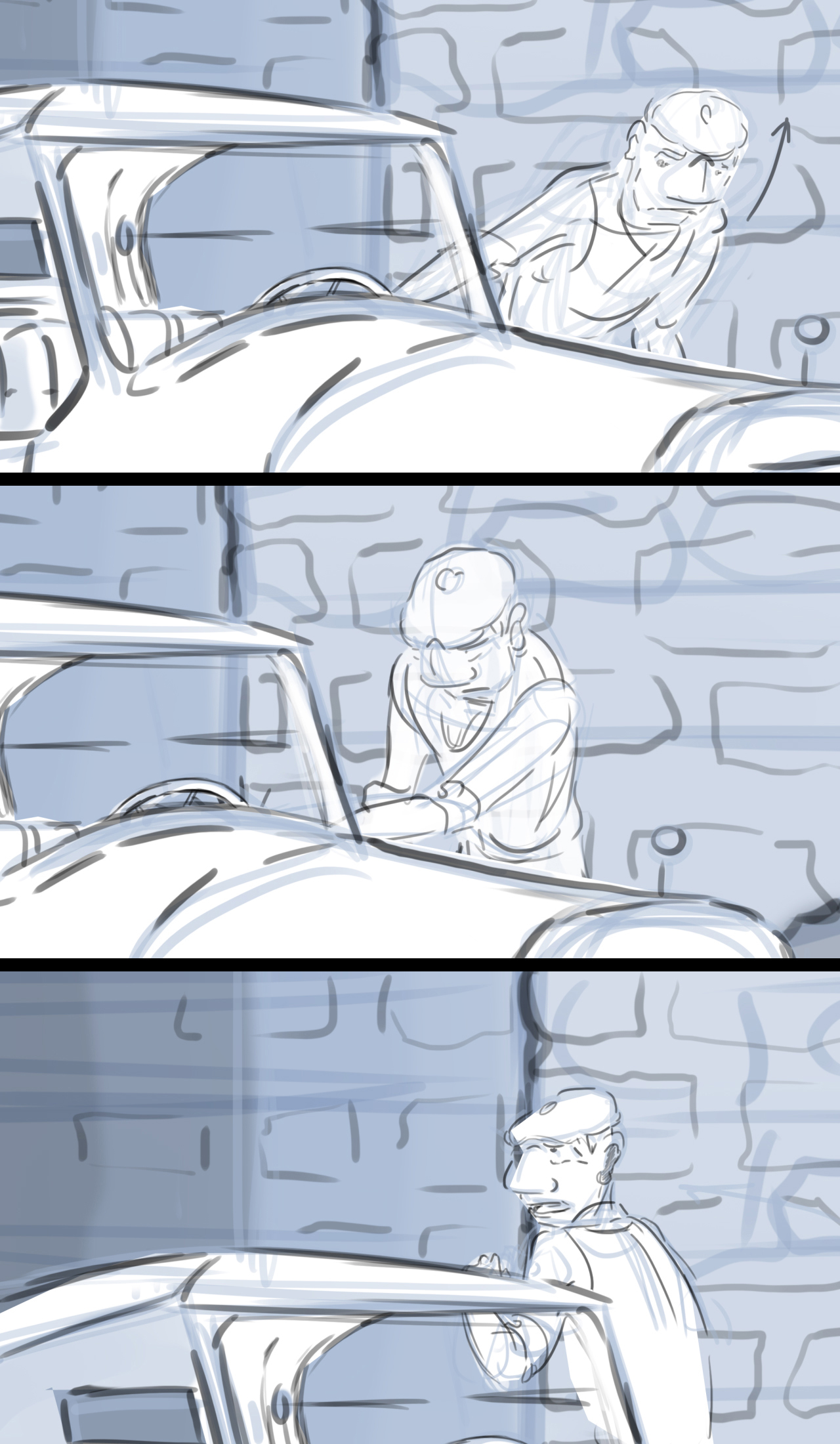 Storyboard sequence from an animated film. Sequence shows man getting out of car as he talks to the woman.