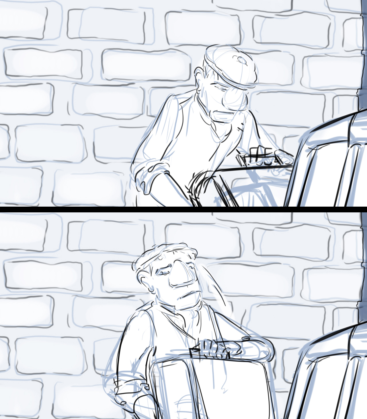 Storyboard sequence from an animated film. Sequence shows man holding suitcase looking up.