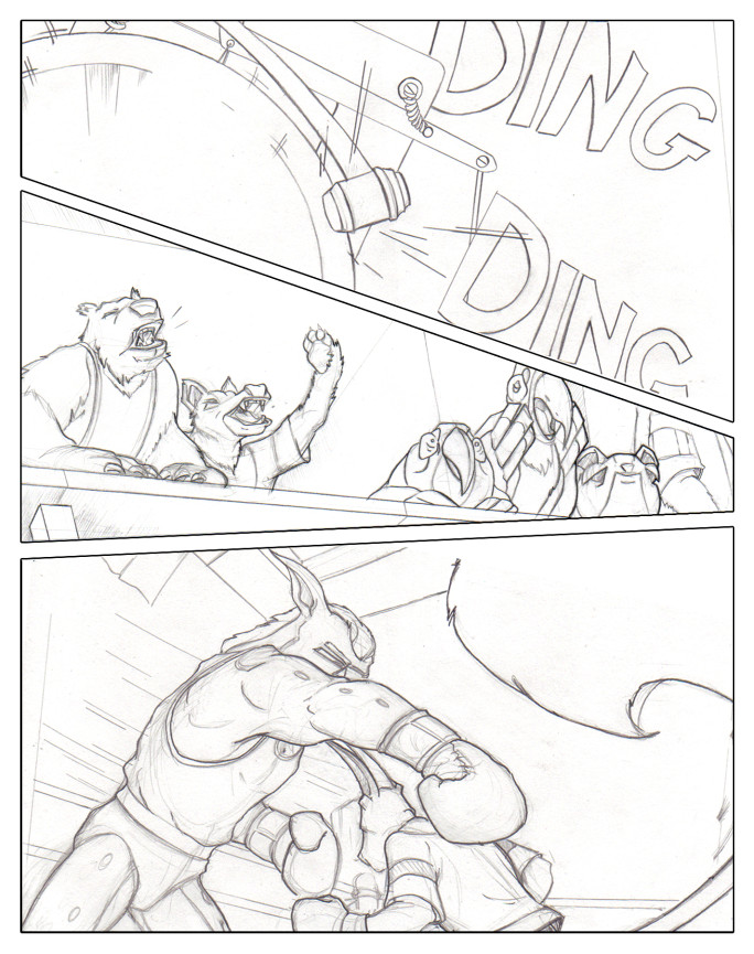 Comic book pencil layouts featuring a ringing boxing bell, a cheering animal audience, and a bobcat taking a swing at a squirrel.