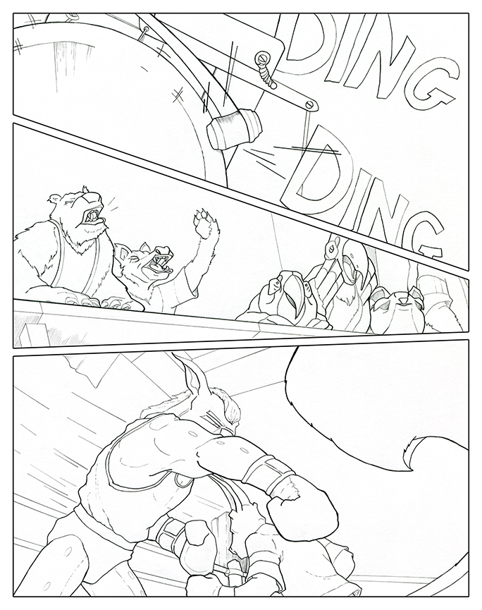 Clean line version of a comic book pencil layouts featuring a ringing boxing bell, a cheering animal audience, and a bobcat taking a swing at a squirrel.