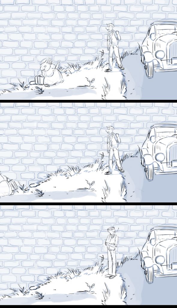 Storyboard sequence from an animated film. Sequence shows cut to a wide shot as the woman walks away with the suitcase.  The man gestures and then looks to something off screen.
