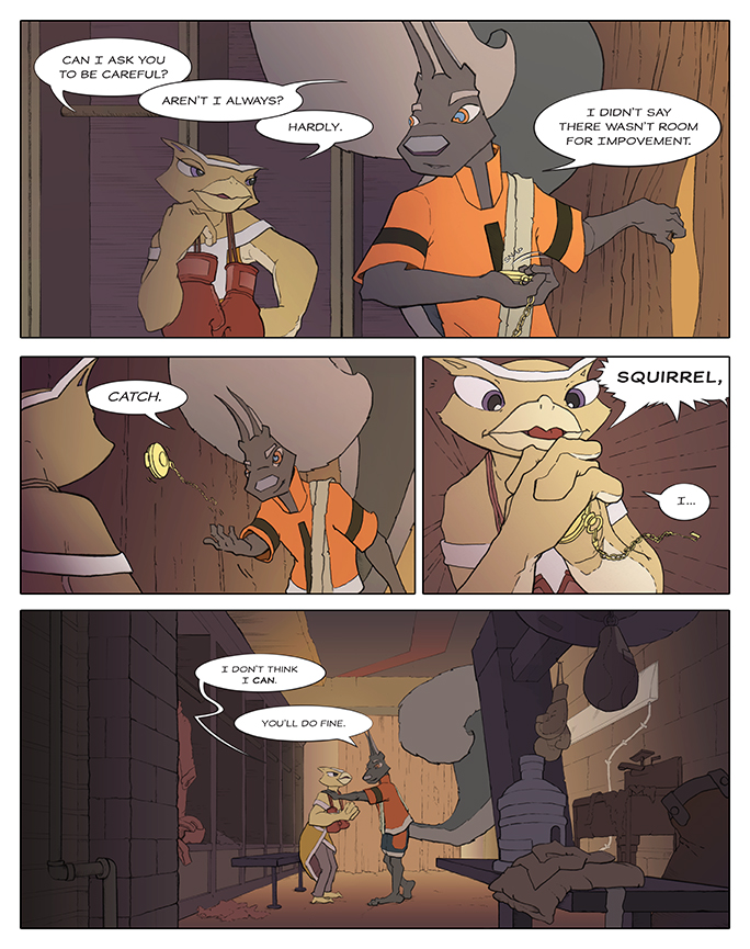 Comic book page in color showing a squirrel and an owl exchanging a watch in a boxing locker room.