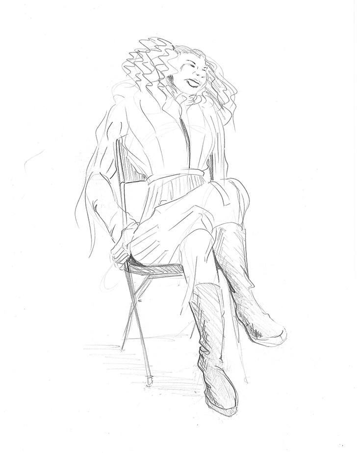 Sketchbook page showing pencil illustration of a tall woman with large hair sitting in a foldout chair and wearing shredded clothing.