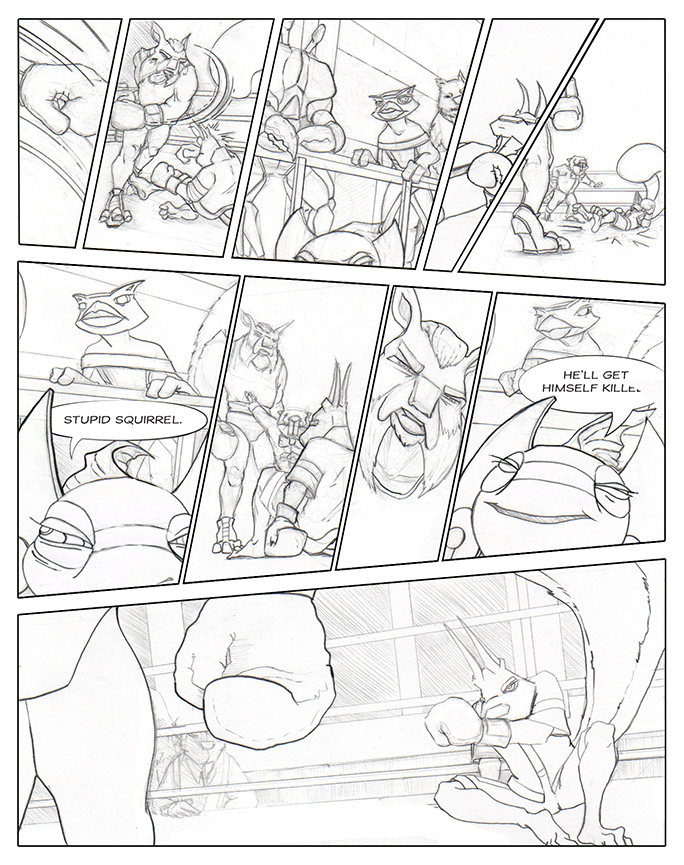 Comic book pencil layout featuring a continued boxing match between a bobcat and a squirrel. A nearby guppy has unkind words to say about the squirrel.