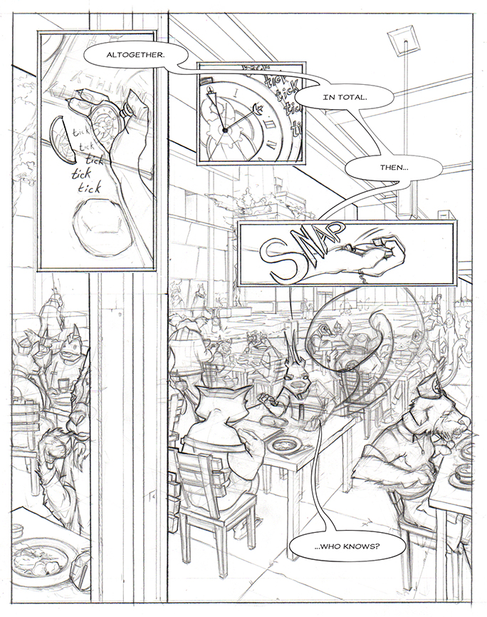Comic book pencil layout showing crowded cafe scene. Squirrel pulls the watch up looks at the face and than closes the watch with a snap.