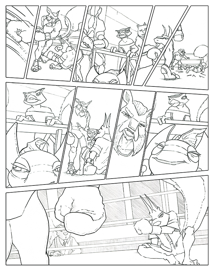 Comic book clean line pencil layout featuring a continued boxing match between a bobcat and a squirrel. A nearby guppy has unkind words to say about the squirrel.