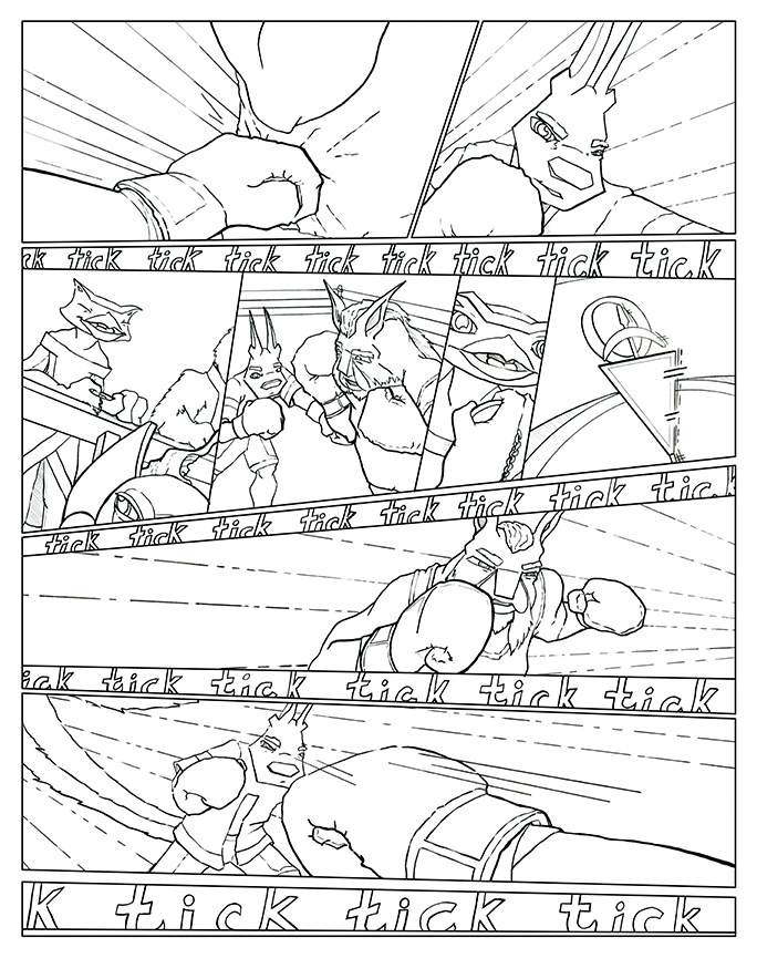 Clean or final line work of a comic book page showing the final moments of a boxing match between a squirrel and a bobcat.