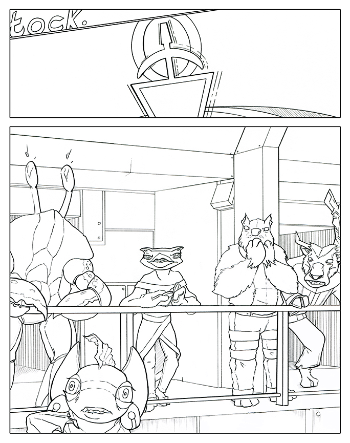 Clean line or finished pencils of the last comic page of a boxing match.  The clock hand hits "0" and the owl looks pleased as the squirrel gets ko-d off panel. 