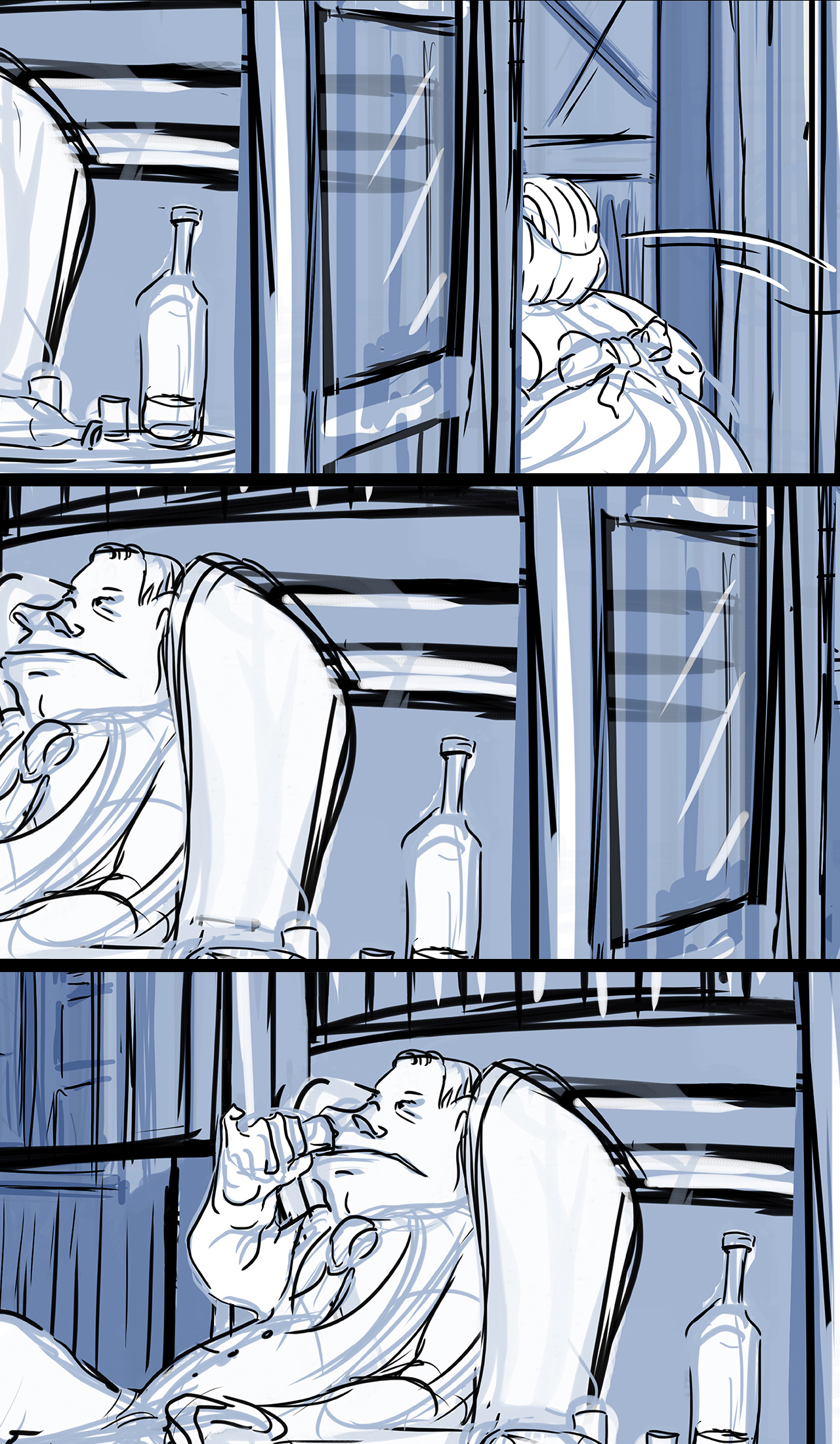 Storyboard sequence from an animated film. Sequence shows continuation of a woman walking past a pair of french doors.  The camera follows her past a big man sitting in an arm chair and drinking.
