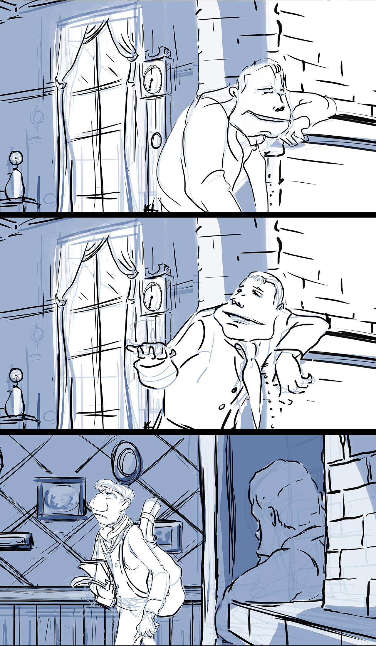Storyboard sequence from an animated film. Sequence shows the man reveal himself to be very drunk and he falls onto the mantle.  He turns to the younger man, who's just entered, to ask a question.