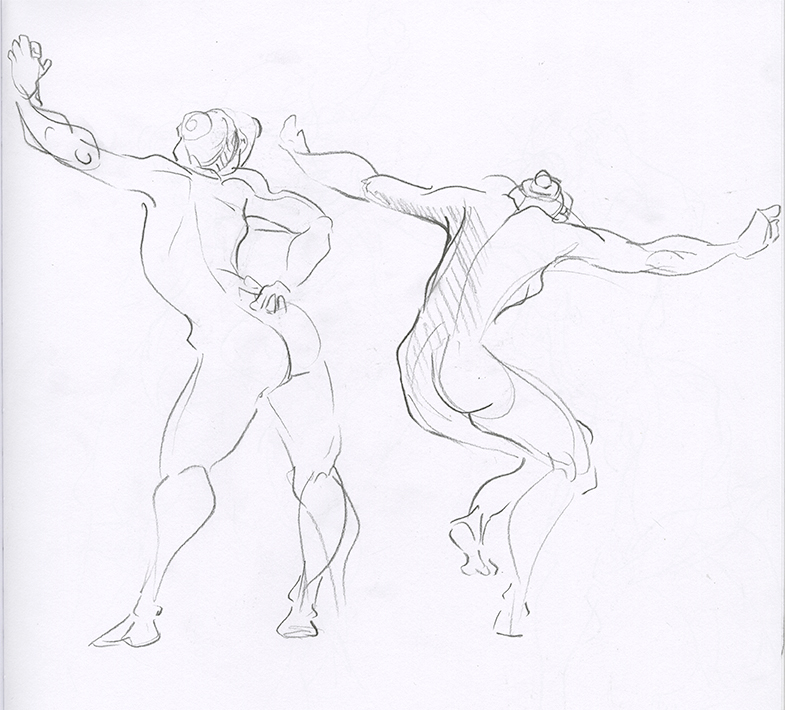 Sketchbook page showing gestures of the same woman in highly dynamic poses.