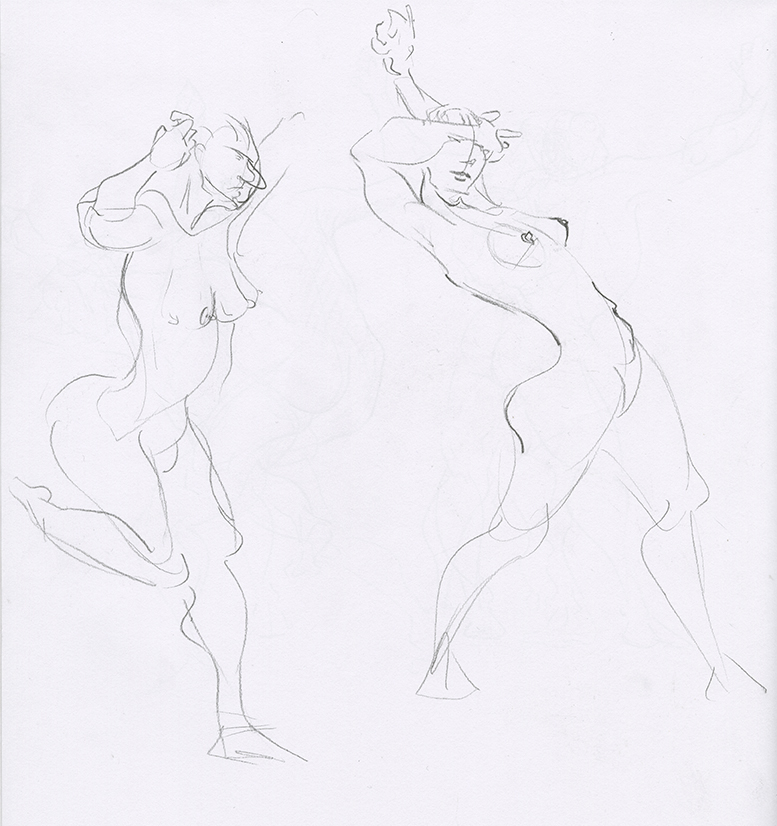 Sketchbook page showing the same woman in two dynamic poses.