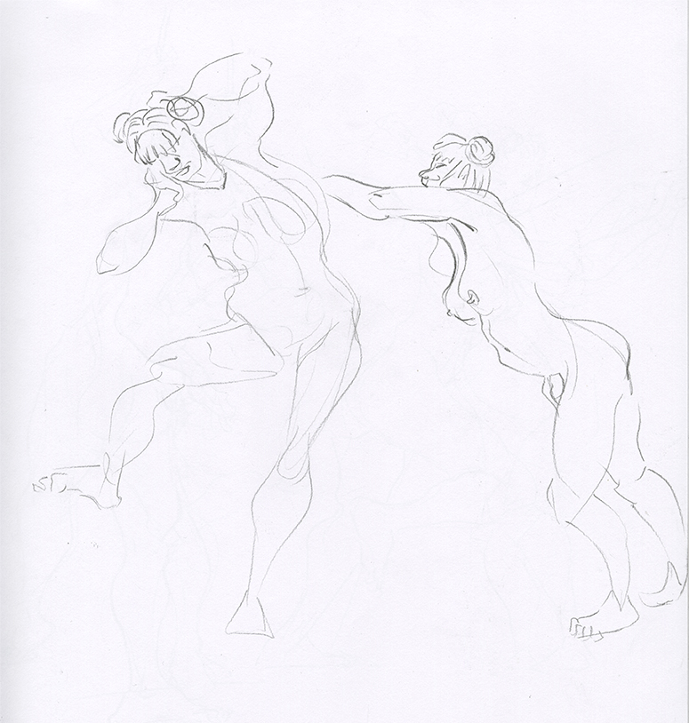 Sketchbook page showing the same woman in two dynamic poses.