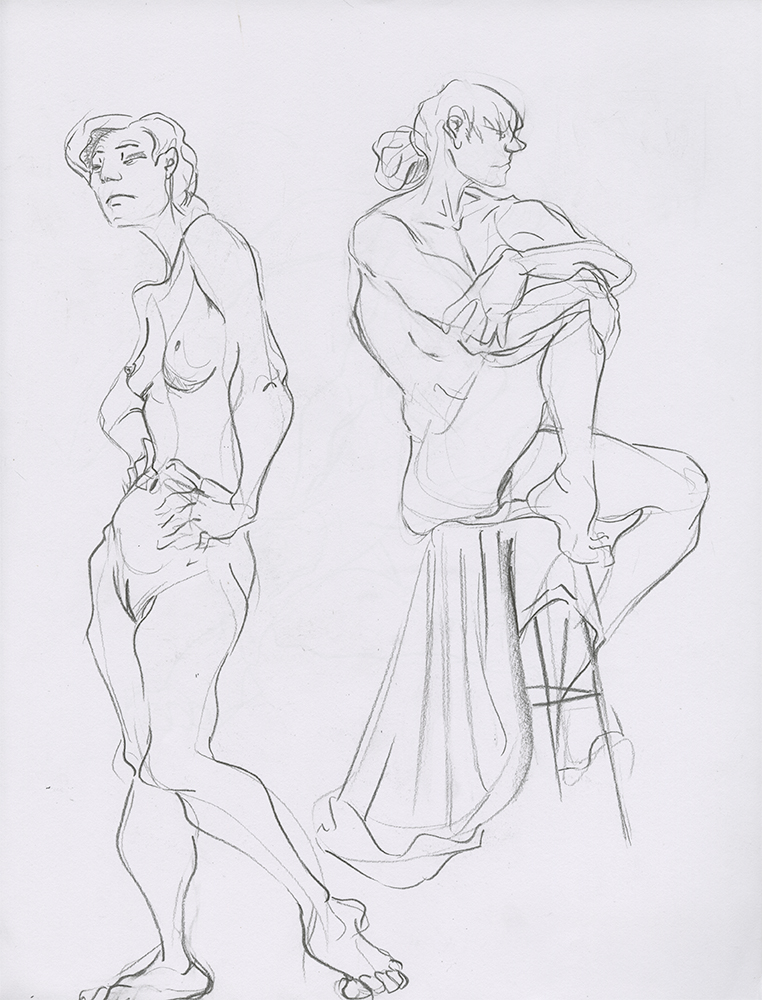 Sketchbook page showing two versions of a nude woman. One stands, the other sits on a cloth covered stool.