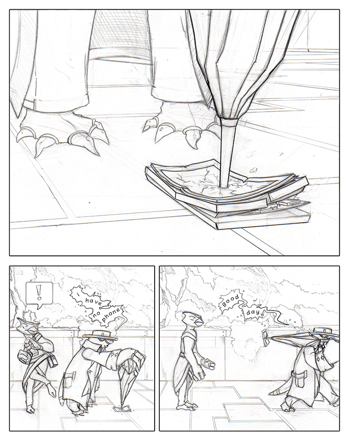Comic book page pencil layout showing the mole having put his umbrella tip right through the phone.  Mole, walking away from the owl, says he has no phone.