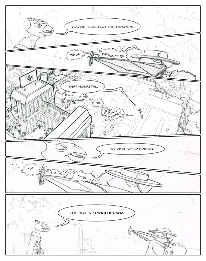 Rough pencils of a comic book page showing Owl running after the Mole.  There's a big hospital in the scene.  It is important.