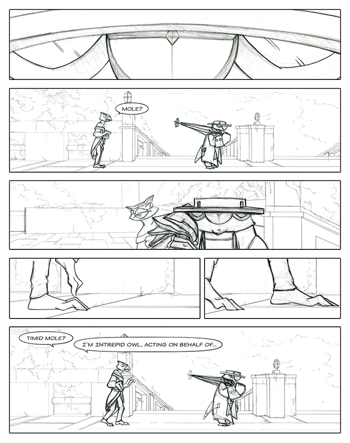 Rough pencils of a comic book page showing Owl sneaking up on the suddenly still Mole.