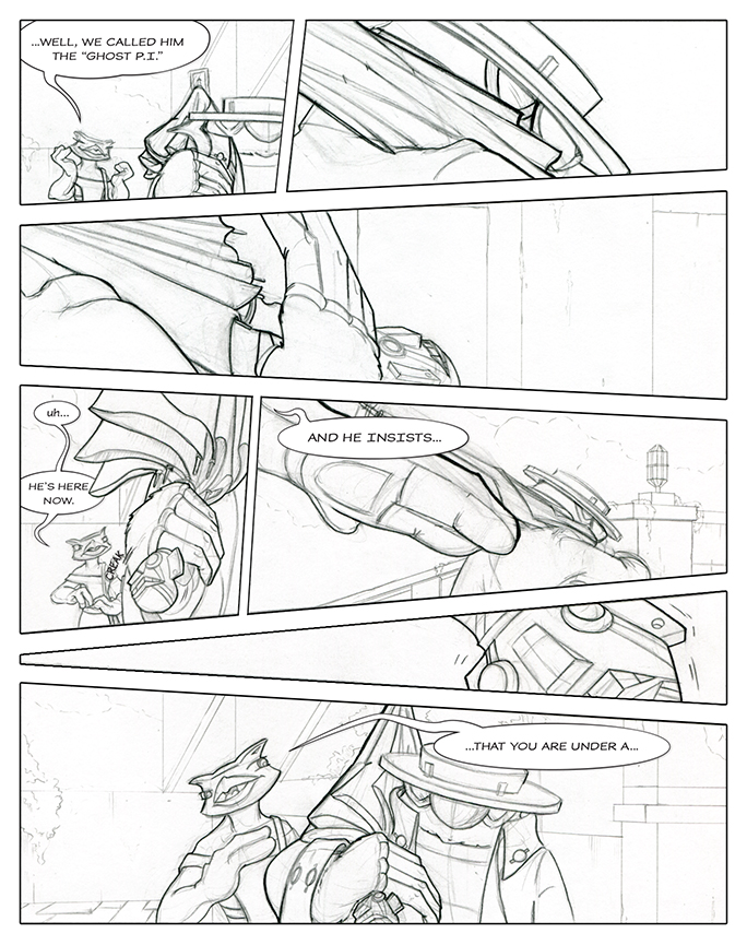 Rough pencils of a comic book page showing Mole attacking Owl with umbrella.