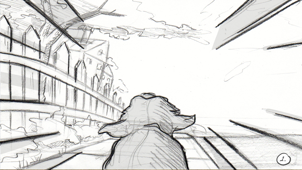 Storyboard panel for animated opening to Cesar 911.  Shows dog runing down sidewalk in suberbia.