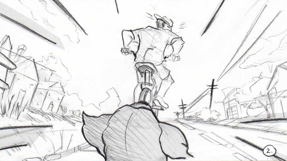 Storyboard panel for animated opening to Cesar 911. Shows dog chasing man on bike.