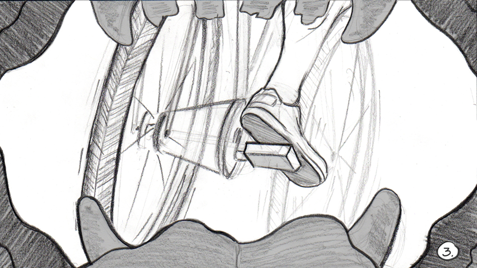 Storyboard panel for animated opening to Cesar 911. Shows POV dog about to bite man's foot.