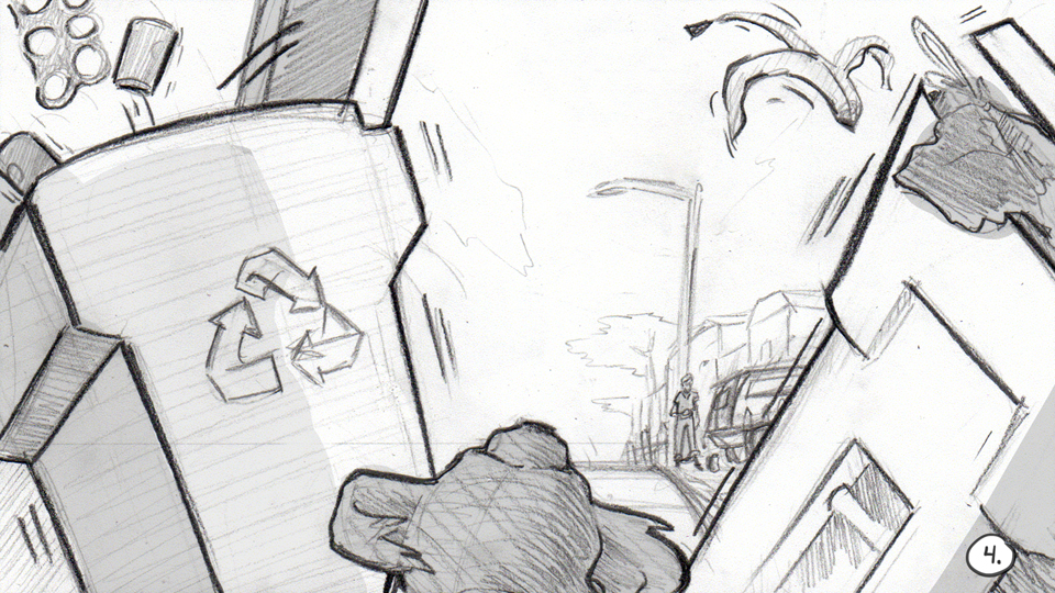 Storyboard panel for animated opening to Cesar 911. Shows dog runing through and knocking over trash cans.