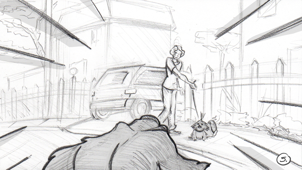 Storyboard panel for animated opening to Cesar 911.  Shows dog running towards woman walking a small dog.