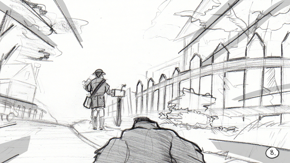 Storyboard panel for animated opening to Cesar 911.  Shows dog running towards mail man.