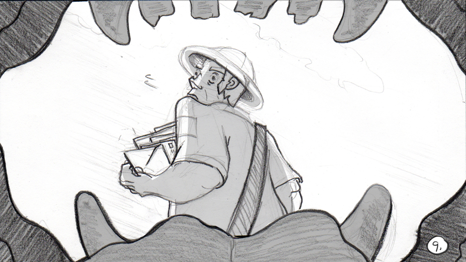 Storyboard panel for animated opening to Cesar 911. Shows POV dog about to bite mailman.