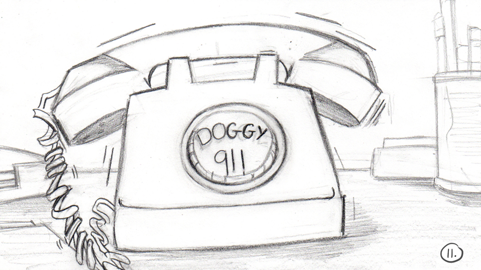 Storyboard panel for animated opening to Cesar 911.  Shows close up of a phone with "Doggy 911" written on a big button.