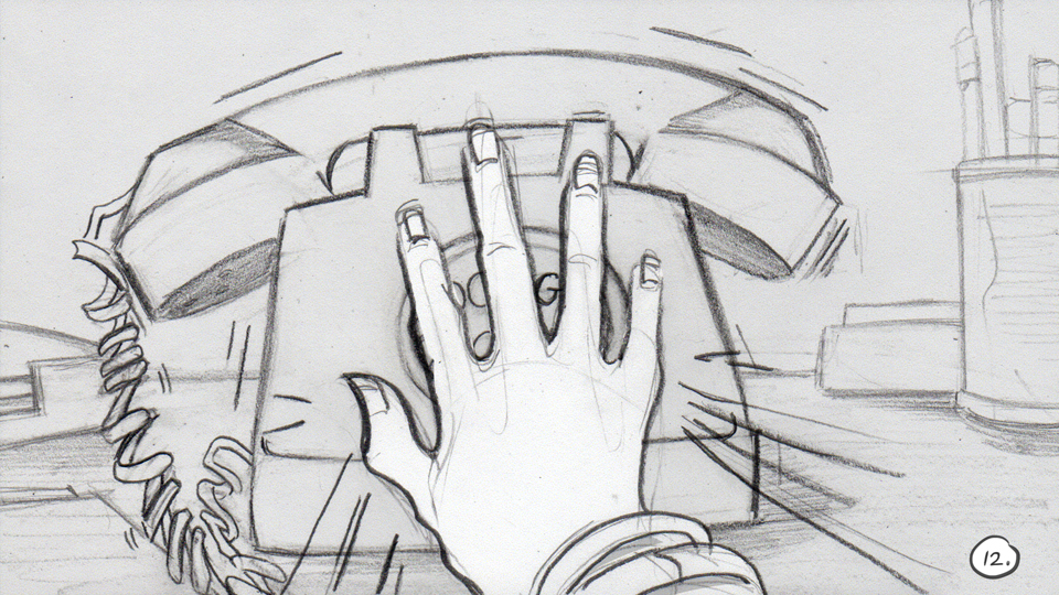 Storyboard panel for animated opening to Cesar 911.  Shows woman's hand hitting the big phone button.