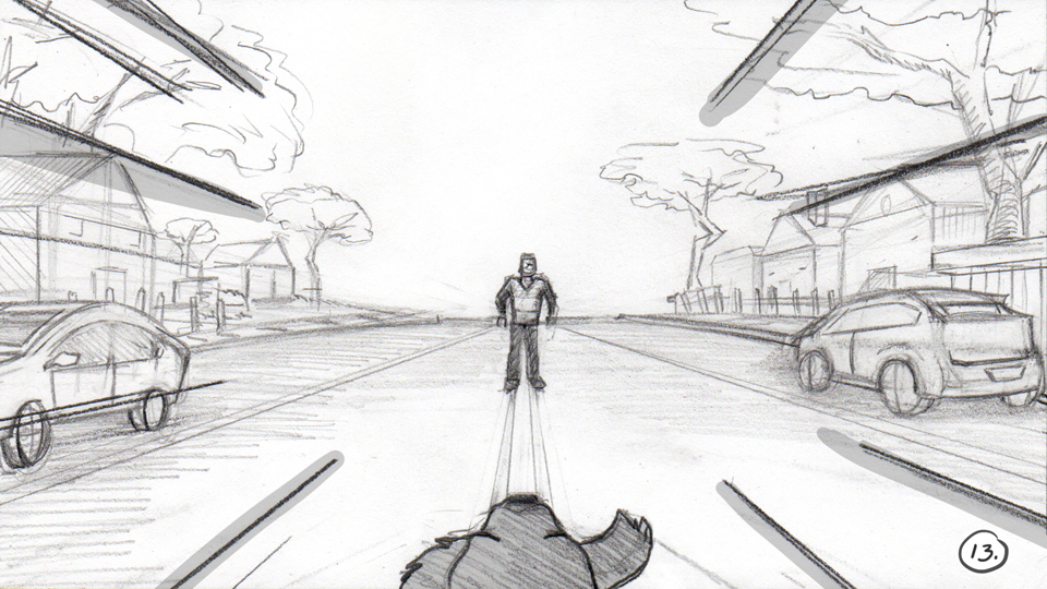 Storyboard panel for animated opening to Cesar 911. Shows wide shot of dog running down suburbian street. Man (Cesar Millan) stands bravely in his way.