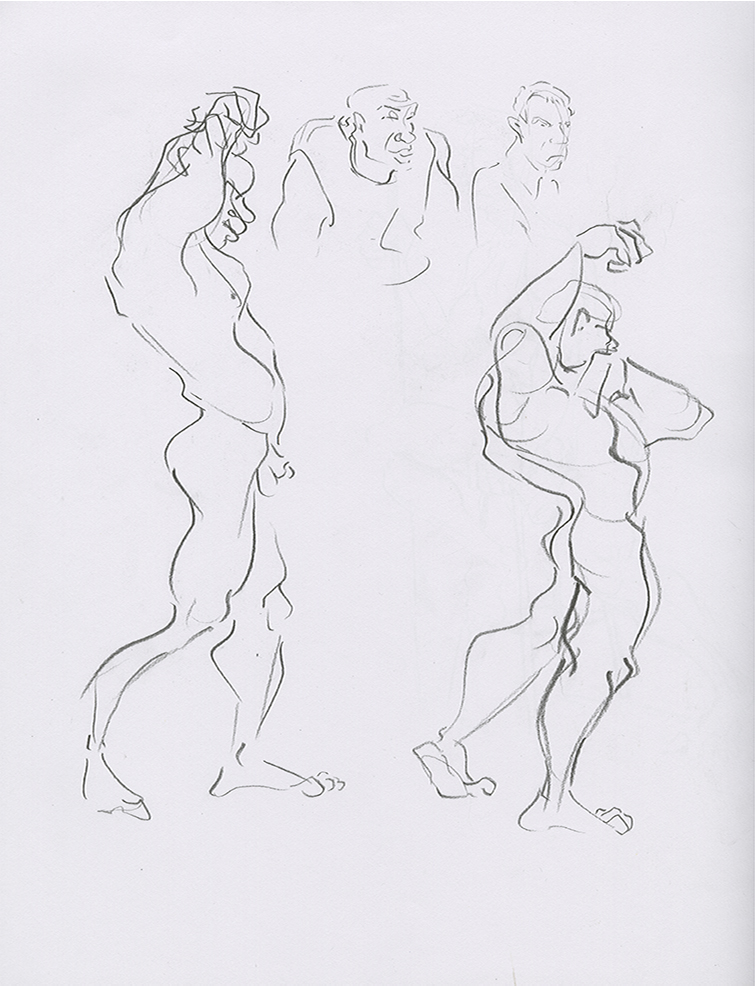 Sketchbook page showing gesture sketches of a well built man