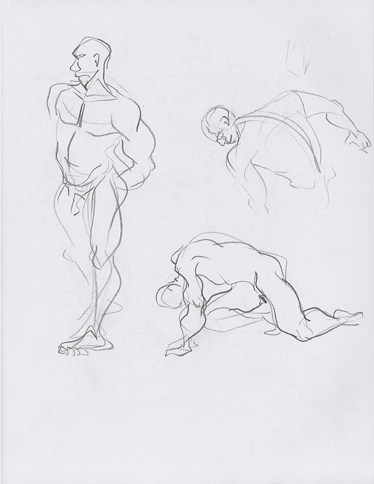 Sketchbook page showing gesture sketches of a well built man