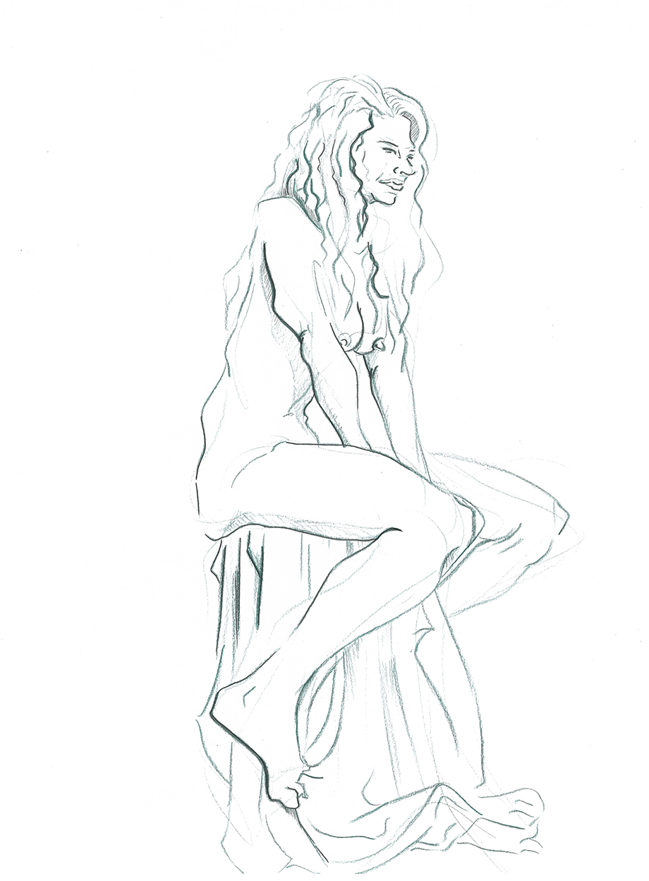 wavy-haired-woman-sitting-naked-on-cloth-covered-stool