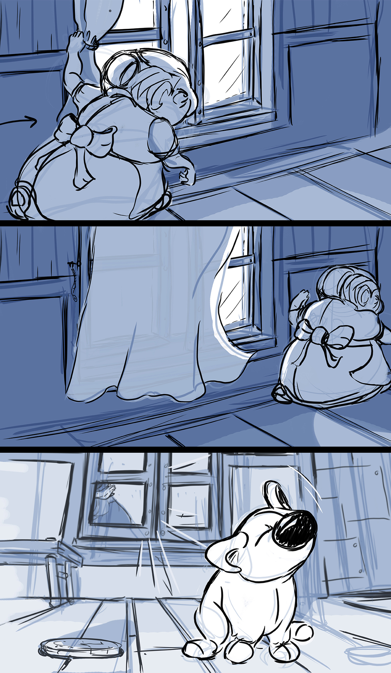 Storyboard sequence from an animated film. Sequence shows the woman closing a curtain.  It cuts to outside where the blind dog reacts to the noise inside.