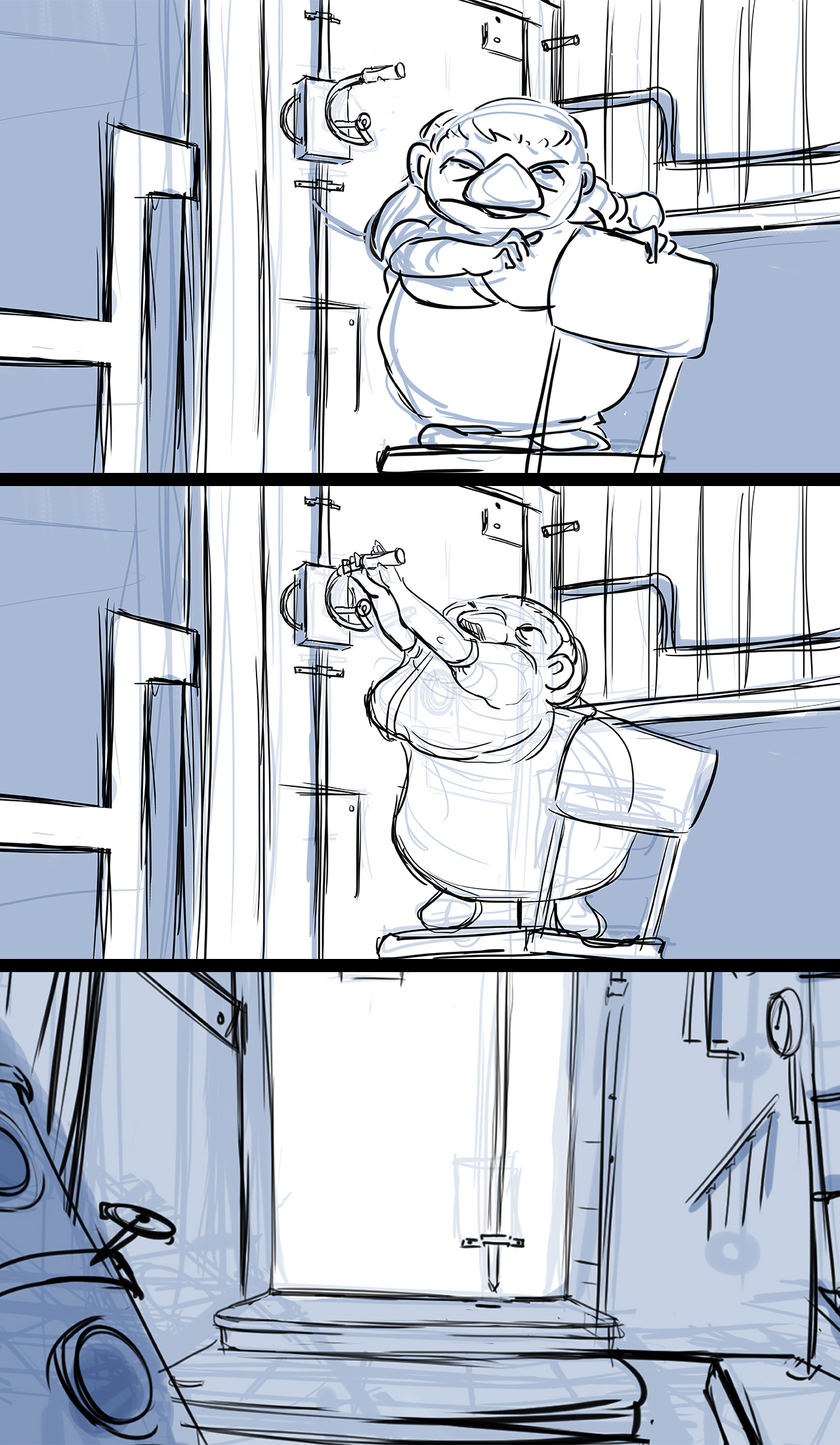 Storyboard sequence from an animated film. Sequence shows the woman standing on a chair before a giant door.  She opens the crazy thing after a bit of dialogue.
