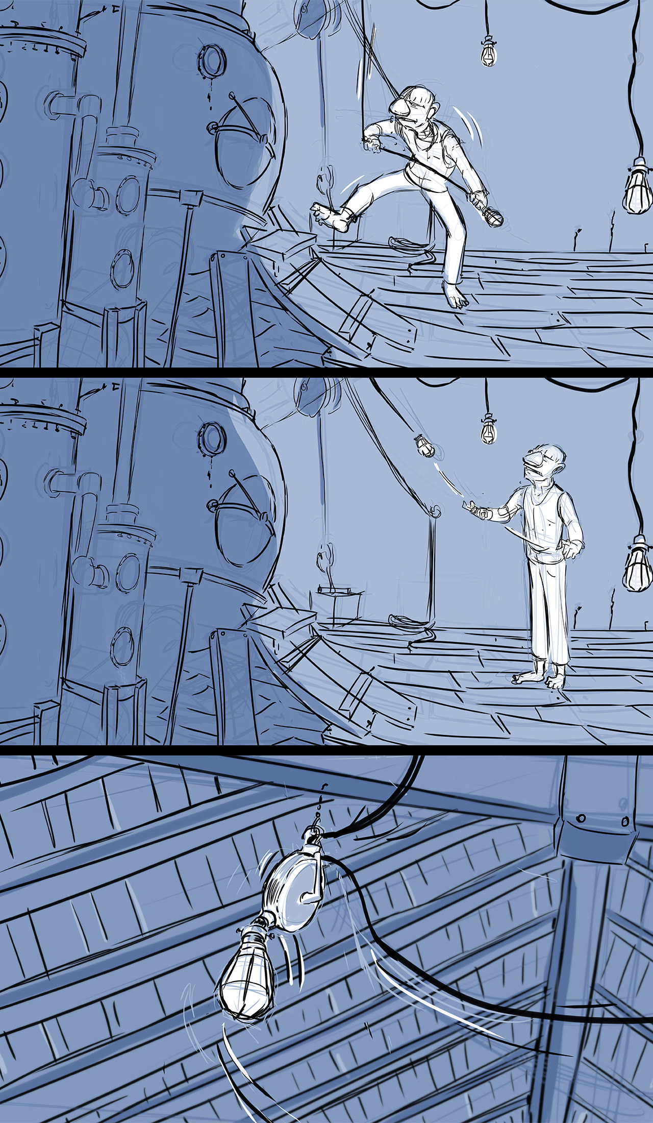 Storyboard sequence from an animated film. Sequence shows man stepping away grom gin still and letting go a light bulb.