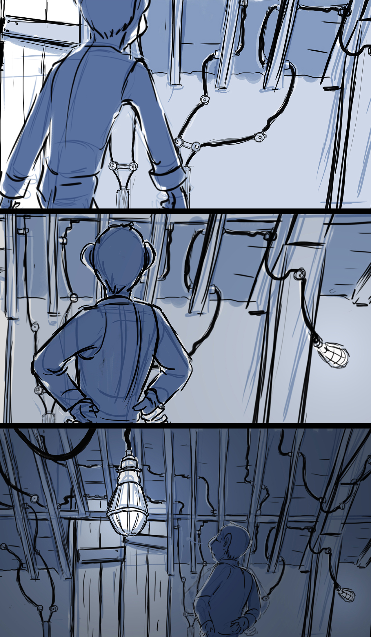 Storyboard sequence from an animated film. Sequence shows man walking into abstract shot.  There's lots of exposed wire and a lightbulb in shot.
