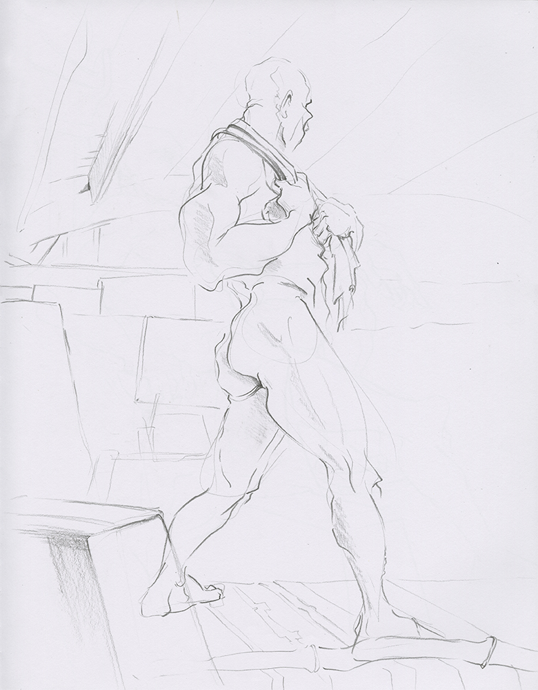 Sketchbook page showing gesture sketches of a big muscled nude man.